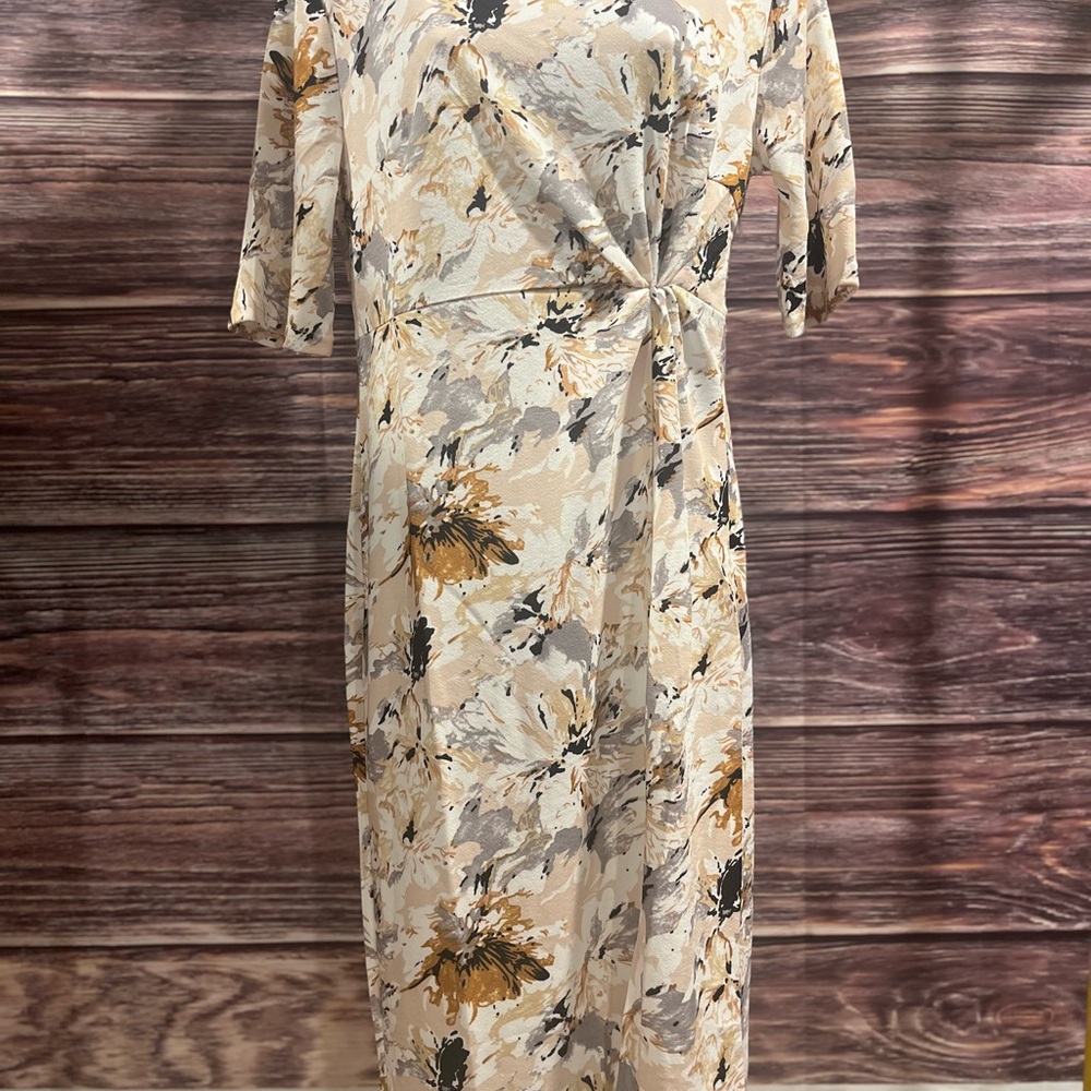 Yathon Beige and Gold Floral Midi Dress